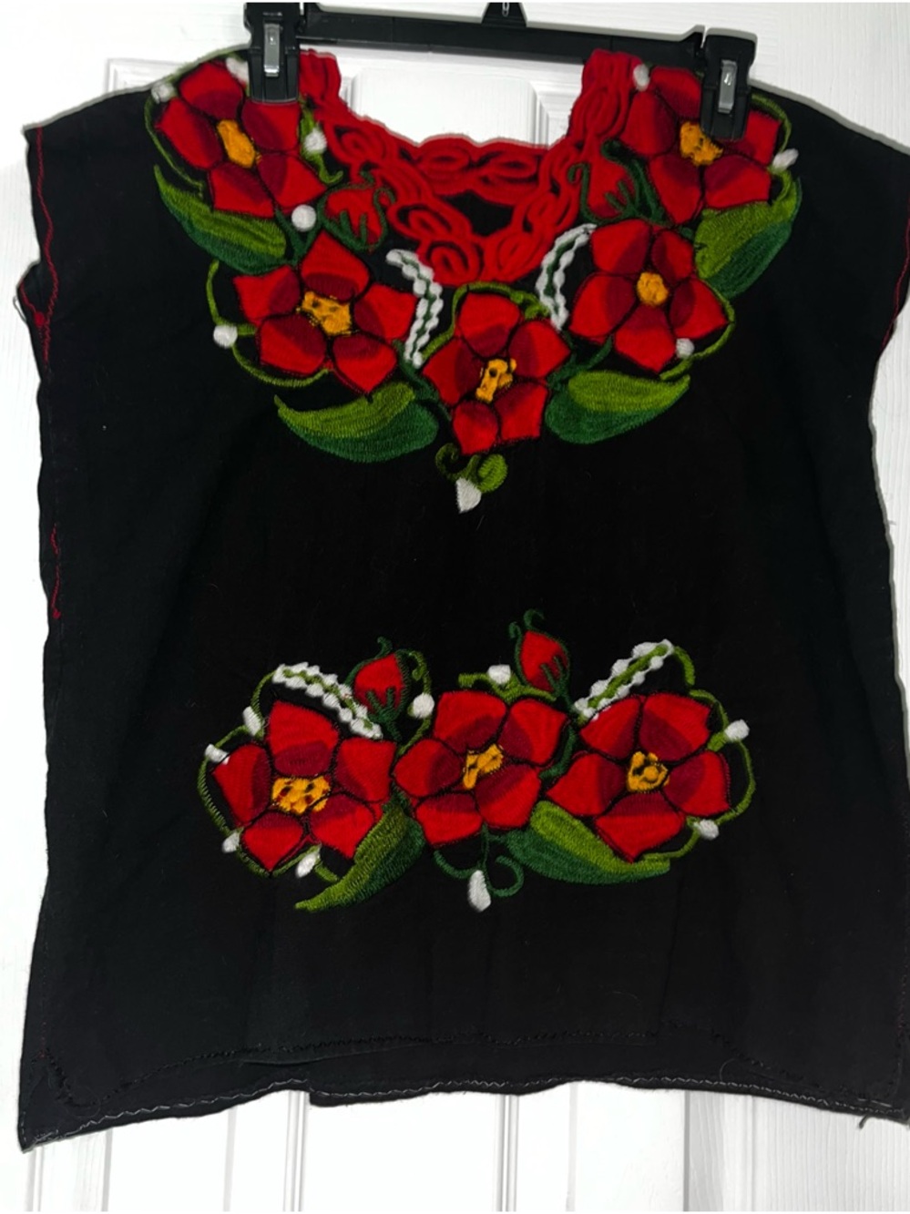 Hand-Embroidered Black Women's Floral Top with Red Flowers